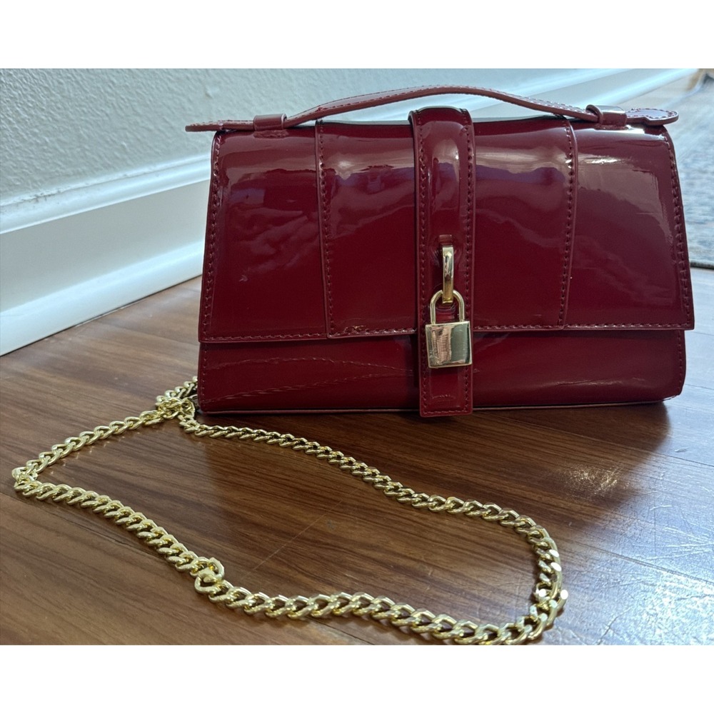 Just Fab Burgundy Red Gold Chain Top Handle Crossbody Glossy Patent Leather